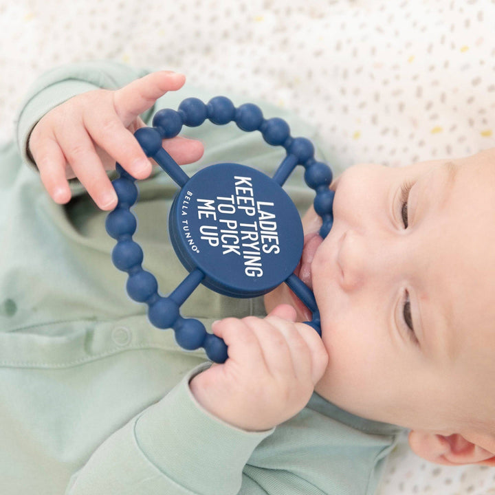 Bella Tunno Ladies Pick Me Up Happy Teether for babies, showing colorful silicone and textured surface for soothing gums.