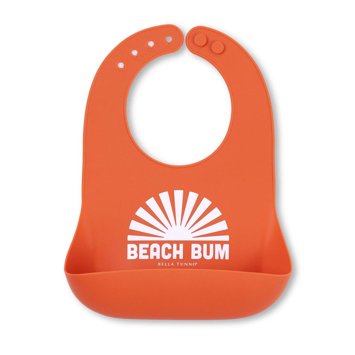 Bella Tunno Beach Bum Wonder Bib gift for babies, soft waterproof bib with fun beach-themed design and adjustable neck closure.