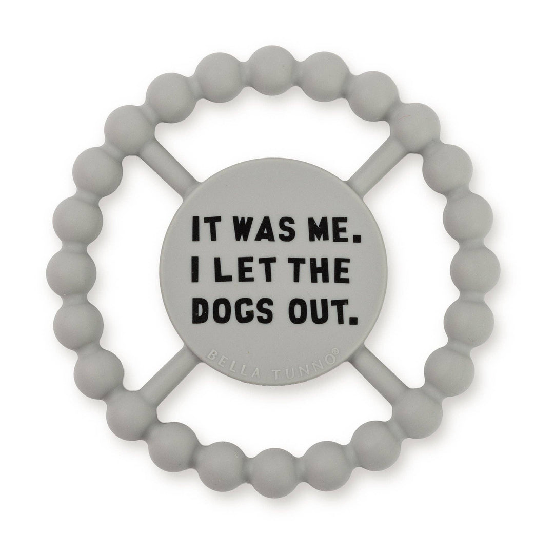 Bella Tunno Dogs Out Happy Teether gift for babies, soft silicone teether with colorful dog design for soothing and teething relief.