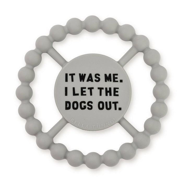 Bella Tunno Dogs Out Happy Teether gift for babies, soft silicone teether with colorful dog design for soothing and teething relief.