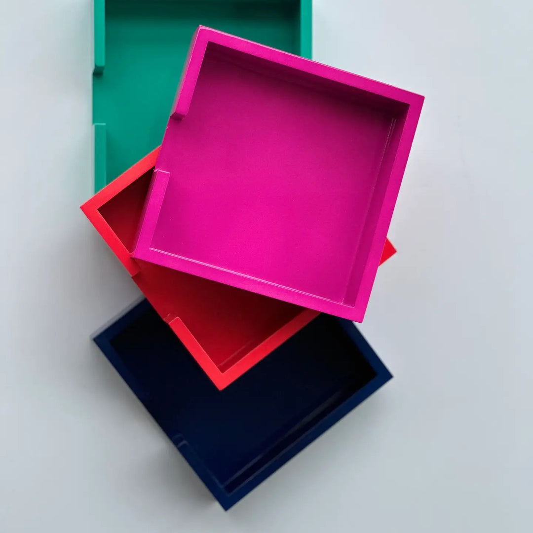 Black Ink lacquer notepad tray with sleek, glossy finish, perfect for organizing notepads and stationery on a home desk.