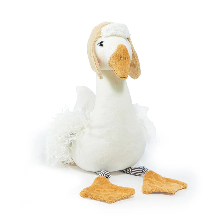 Soft baby Avery the Aviator Snowgoose plush toy by Bunnies by the Bay with detailed feathers and adorable aviator goggles.