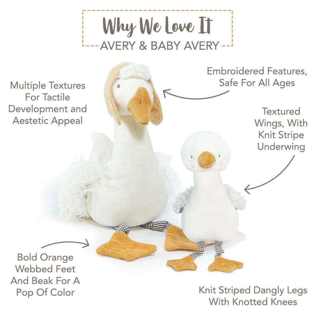 Soft baby Avery the Aviator Snowgoose plush toy by Bunnies by the Bay with detailed feathers and adorable pilot hat.