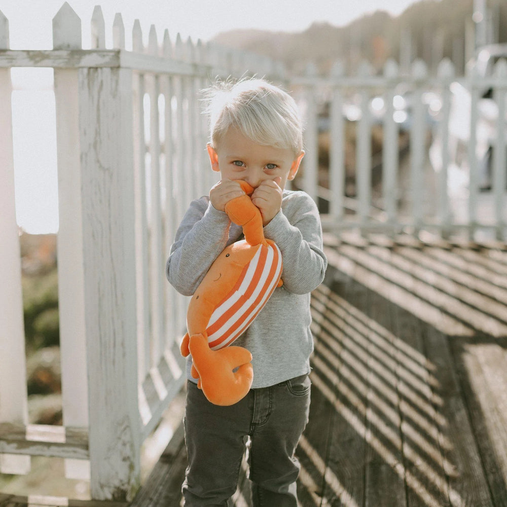 Soft baby crab toy from Bunnies by the Bay, featuring plush fabric and adorable crab design, perfect for infants.