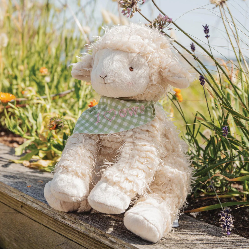 Soft baby Shep the Sheep plush toy by Bunnies by the Bay, featuring a cuddly white fleece and adorable embroidered face.