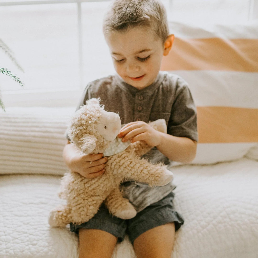 Soft baby Shep the Sheep plush toy by Bunnies by the Bay, featuring white fleece and gentle embroidered facial features.