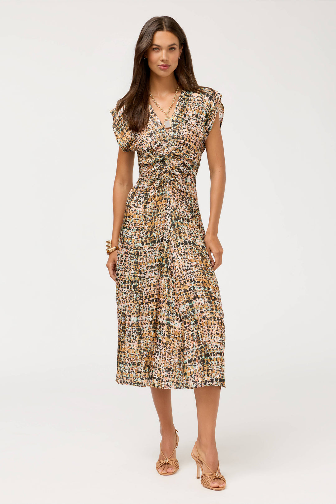 Johnny Was Delcie Fontana midi dress with floral pattern, flowing fabric, and elegant design, perfect for stylish occasions.
