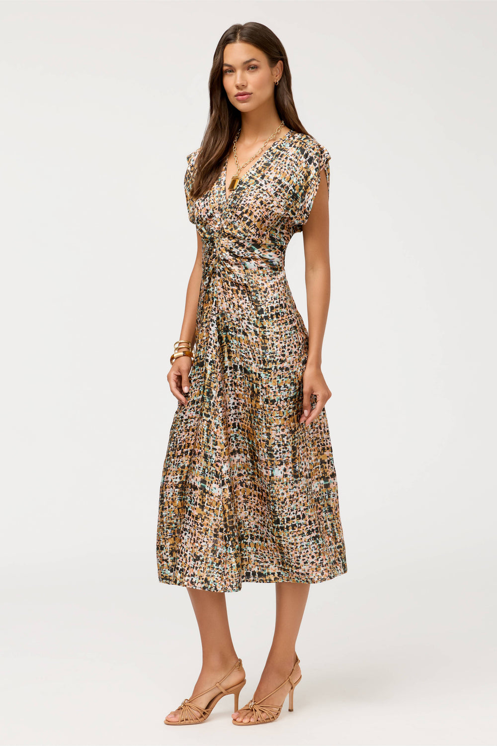 Johnny Was Delcie Fontana midi dress with floral print and flowing fabric, featuring a V-neck and short sleeves.