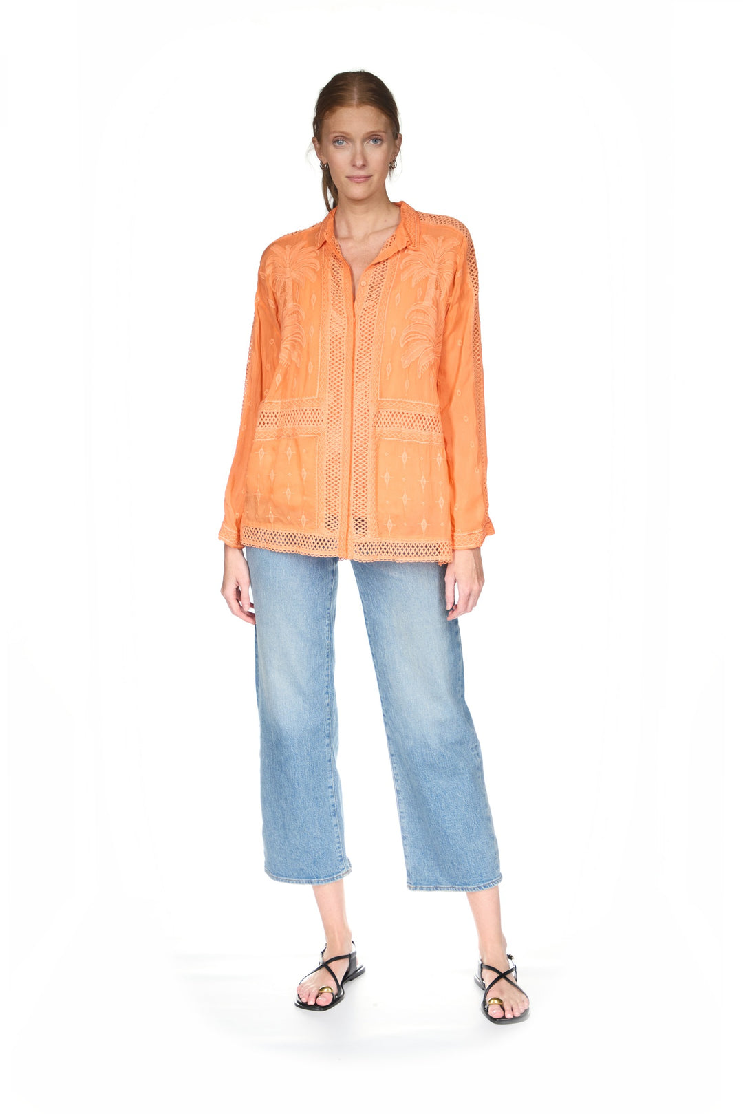 Johnny Was Audrey Button Down Tunic top in vibrant flamingo print, featuring a relaxed fit and collared design.