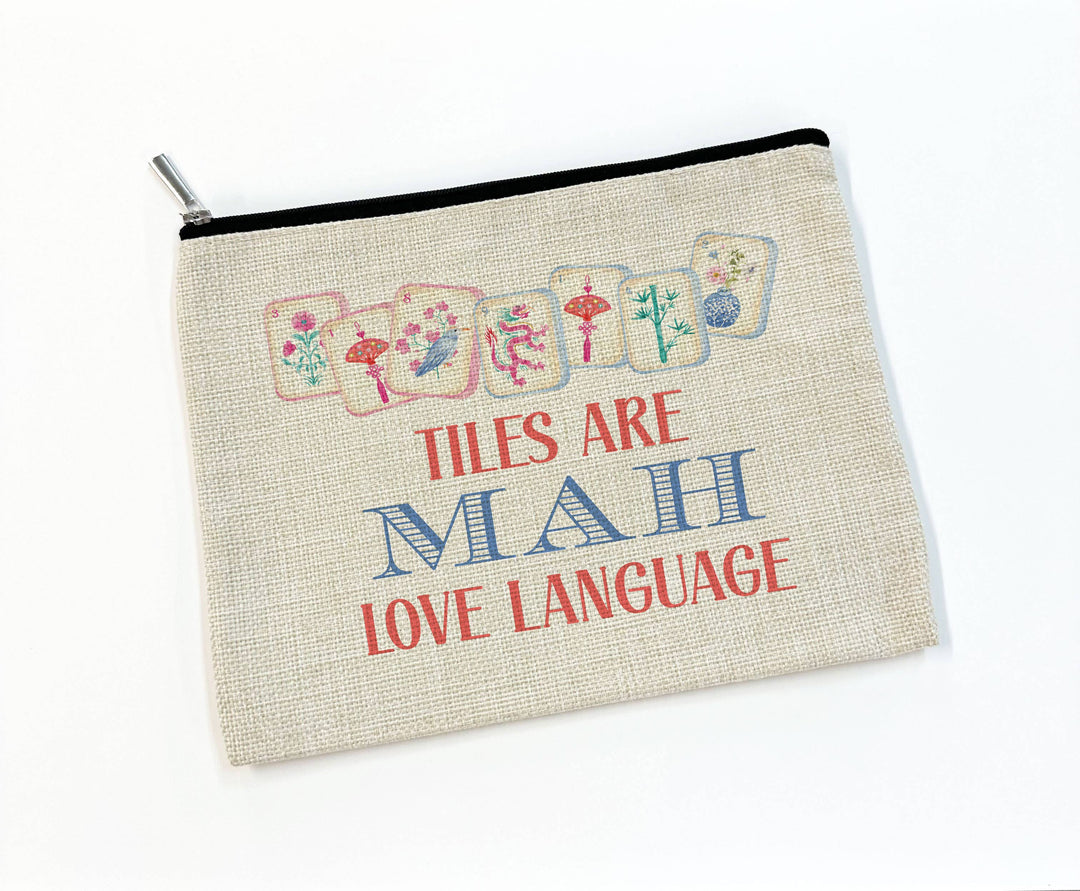 Canary Road Mahjong Tile Cosmetic Bag showing a rectangular bag with colorful Mahjong tile patterns for accessories storage.