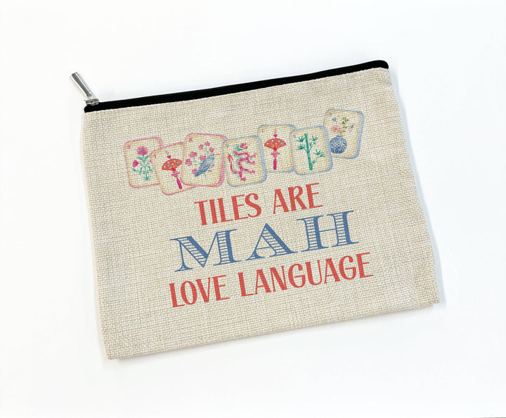 Canary Road Mahjong Tile Cosmetic Bag showing a rectangular bag with colorful Mahjong tile patterns for accessories storage.