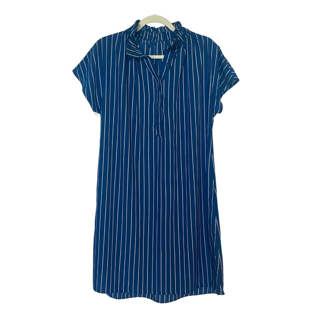 Caryn Lawn Emily navy stripe dress showing a knee-length dress with navy and white horizontal stripes and short sleeves.