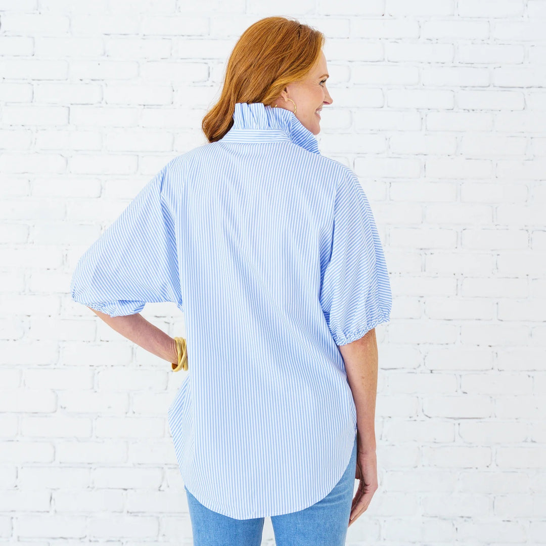 Caryn Lawn ruffle collar stripe top with long sleeves and button detail, stylish casual tops for women.