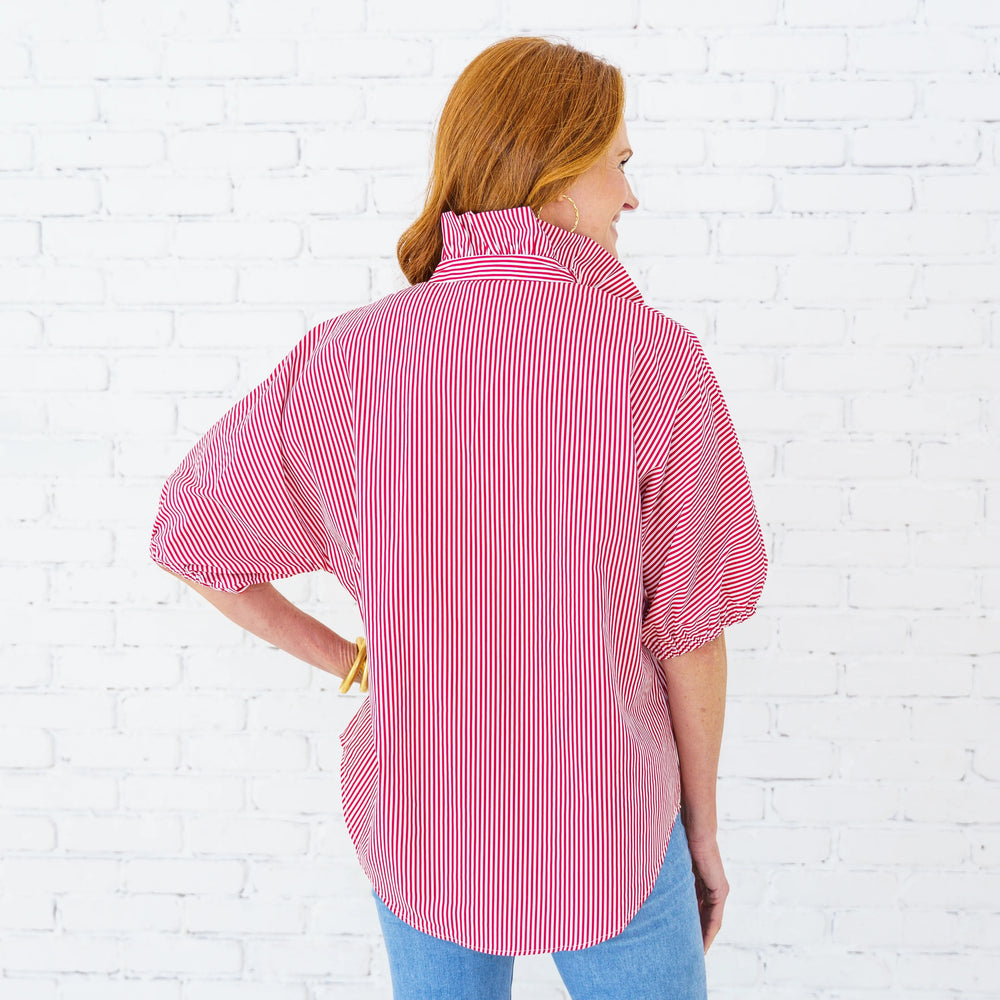 Caryn Lawn ruffle collar striped top featuring a stylish neckline and classic stripe pattern, perfect for casual and chic outfits.
