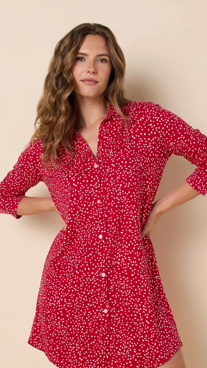 Red nightshirt with confetti dot pattern from cat's pajamas, showcasing soft fabric and playful design.