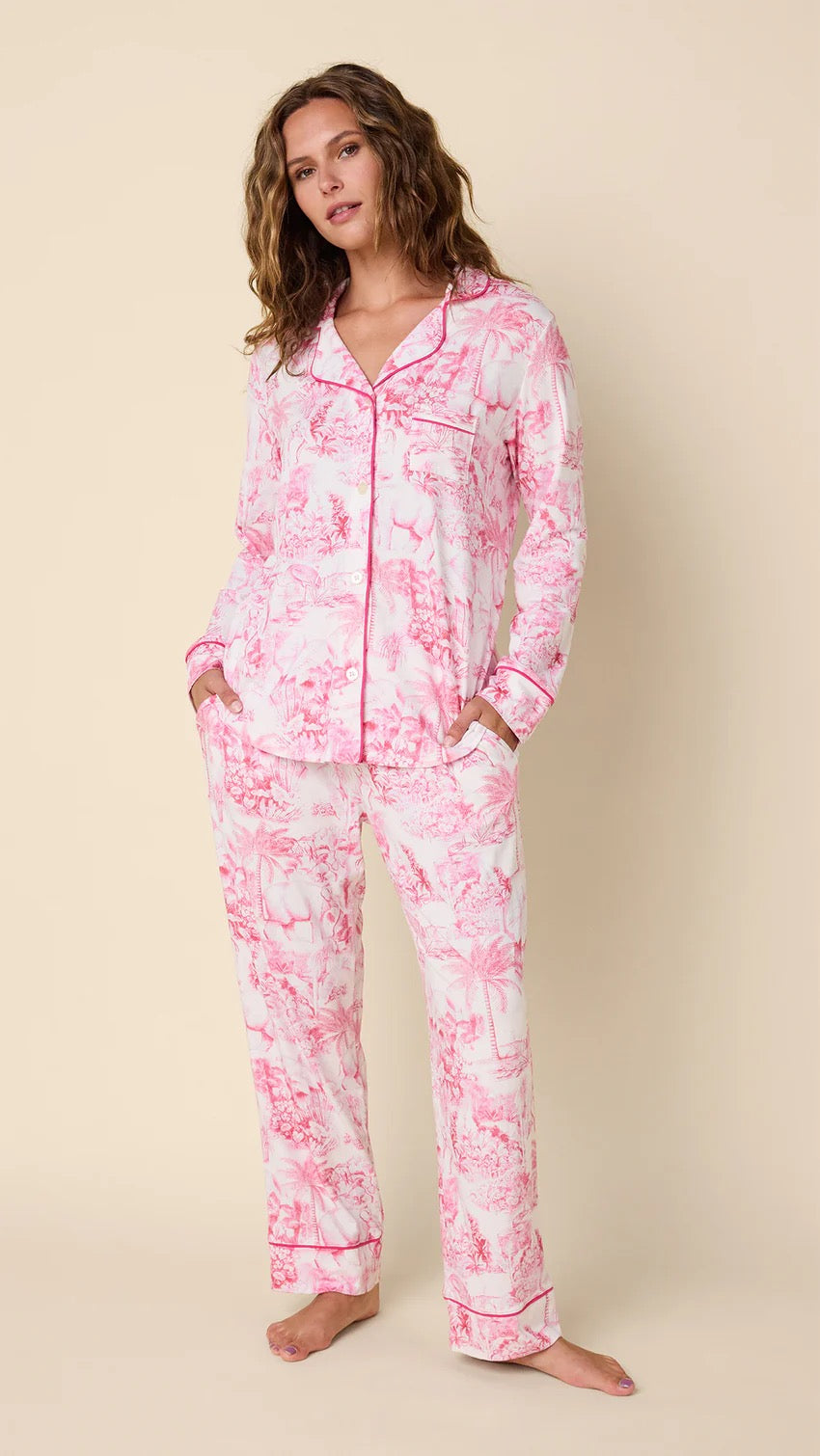 Palm Grove Toile Pajamas accessories by cat's pajamas featuring a tropical palm leaf pattern on soft fabric.