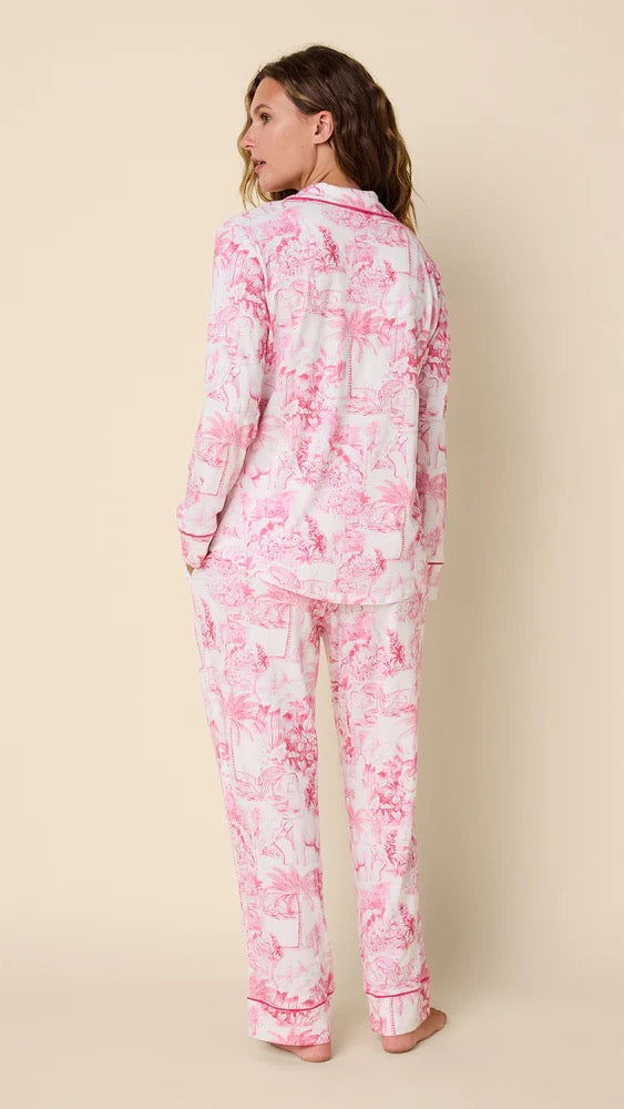 Cat's Pajamas Palm Grove Toile Pajamas accessories with tropical print and relaxed fit, displayed on a hanger.