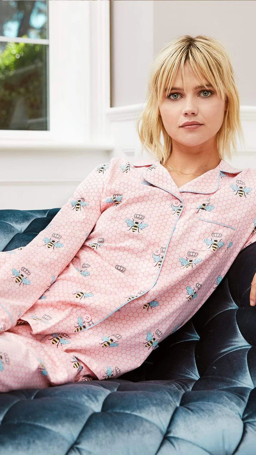 Pink Queen Bee Pima cotton pajamas from Cat's Pajamas, featuring a comfortable, soft fabric and playful bee design.