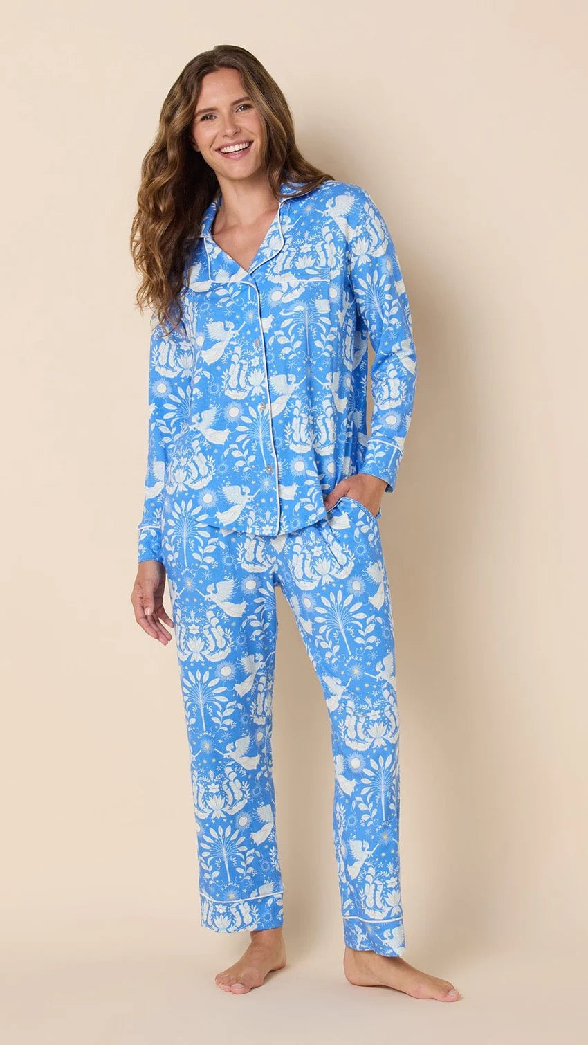 Blue Angels pajamas in soft loungewear from cat's pajamas, featuring a blue and white print with a comfortable fit.