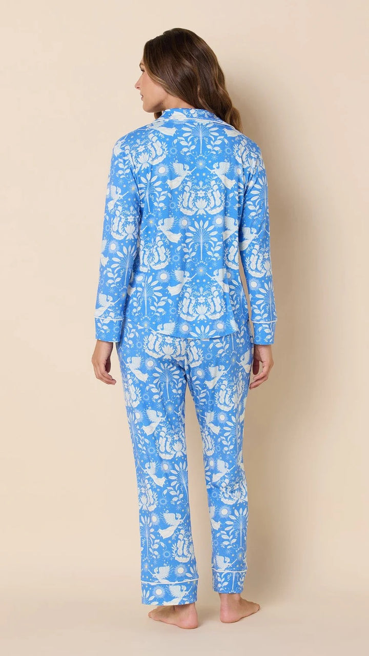 Blue Angels loungewear pajamas by cat's pajamas, featuring a comfortable blue fabric with a playful angel print.