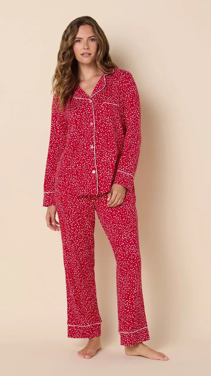 Red confetti dot pajamas from cat's pajamas loungewear set, featuring comfortable fabric and playful, colorful dot pattern.