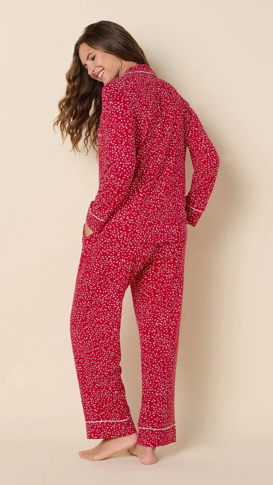 Red confetti dot pajamas by cat's pajamas, soft loungewear with a playful dotted pattern, perfect for relaxing at home.