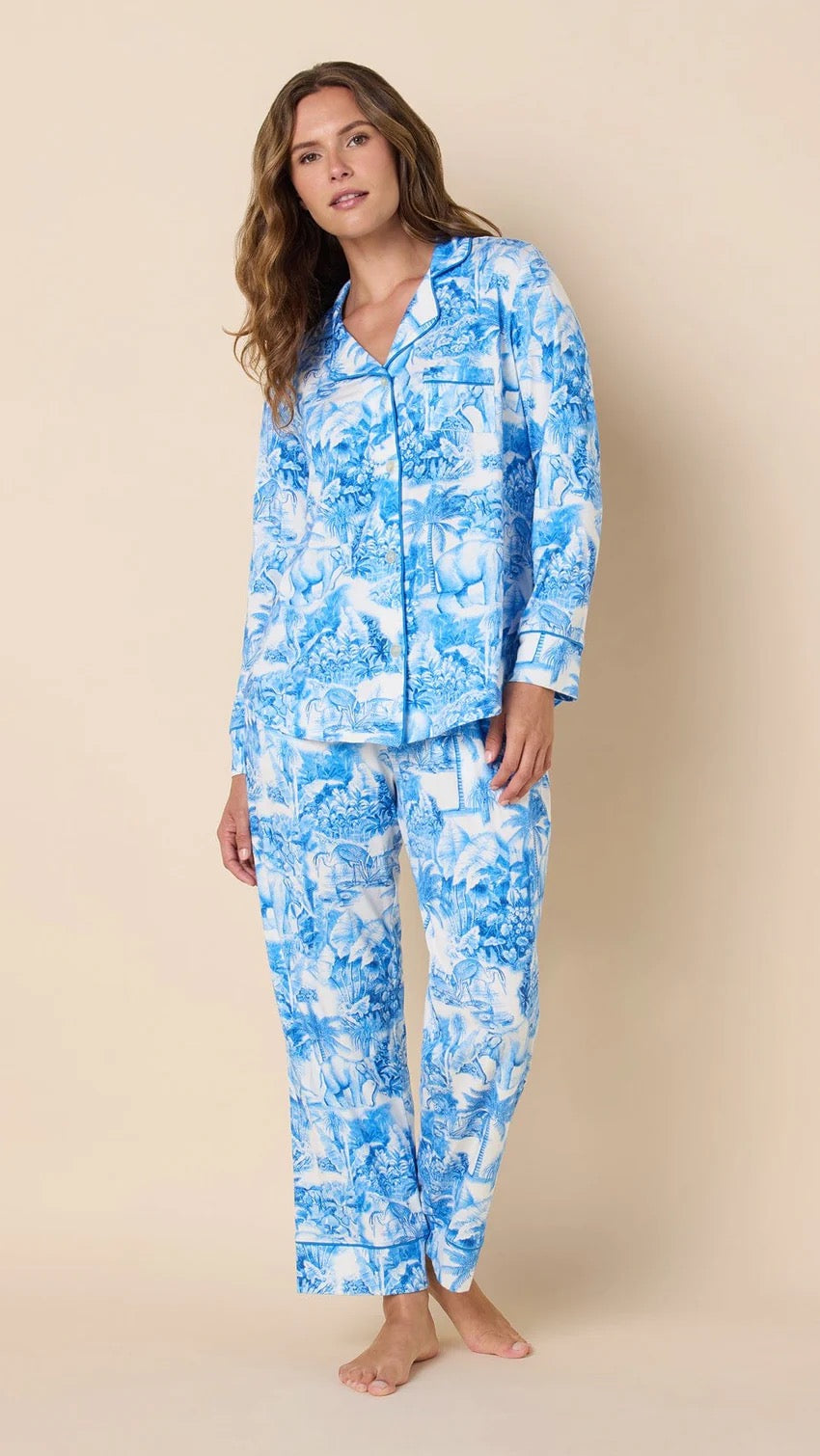 Cat's Pajamas Palm Grove Knit Pajamas loungewear set with palm print, soft fabric, and relaxed fit, perfect for comfortable lounging.