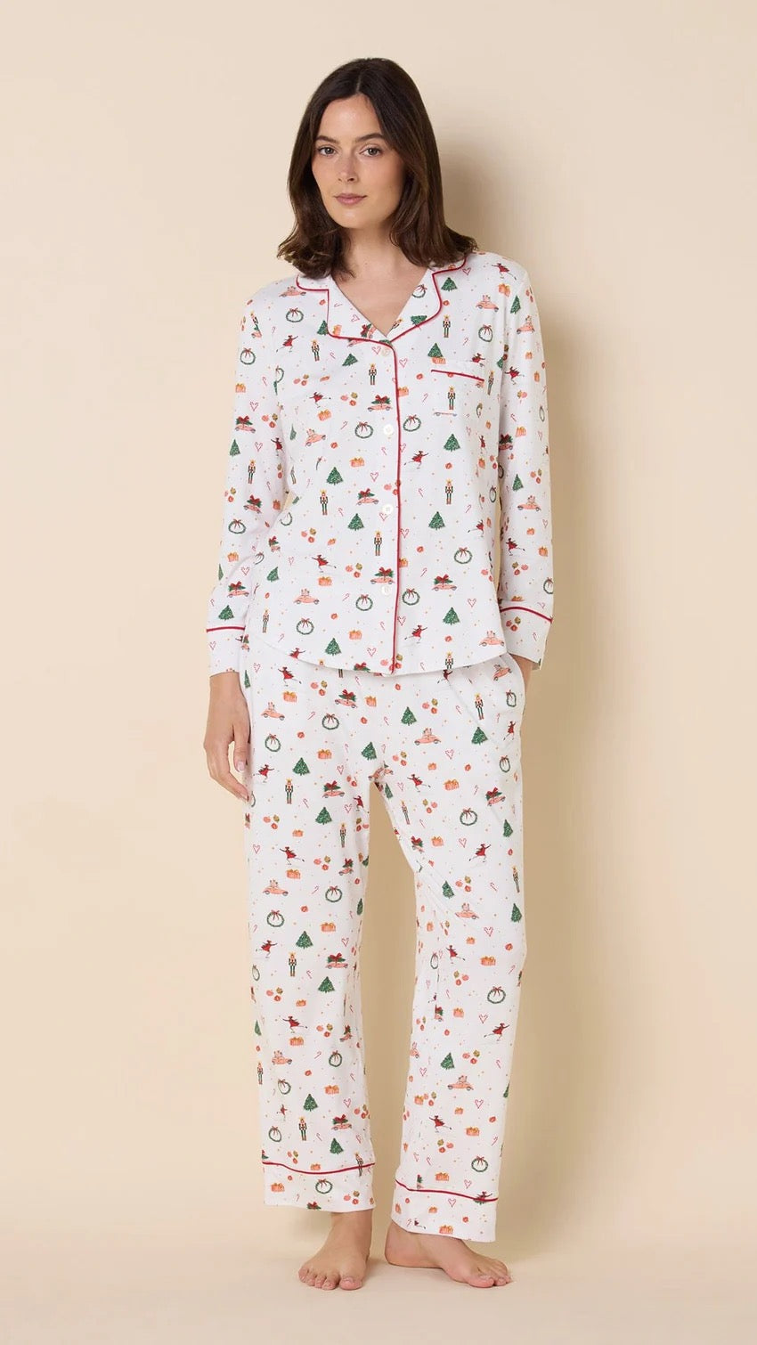 Vintage Christmas pajamas loungewear set from Cat's Pajamas featuring festive red and green holiday-themed fabric and cozy fit.