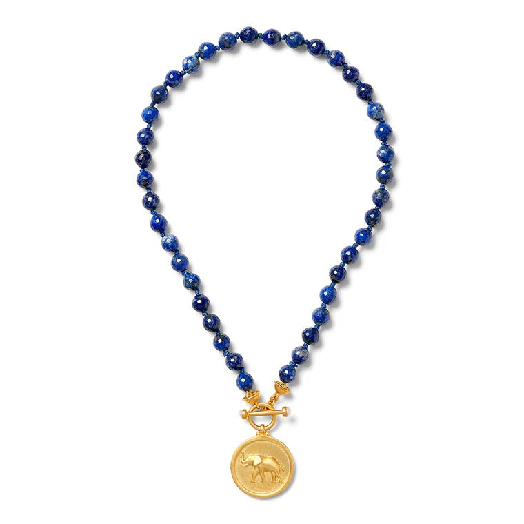 Catherine Canino lapis and elephant pendant necklace featuring a detailed stone and silver elephant charm on a delicate chain