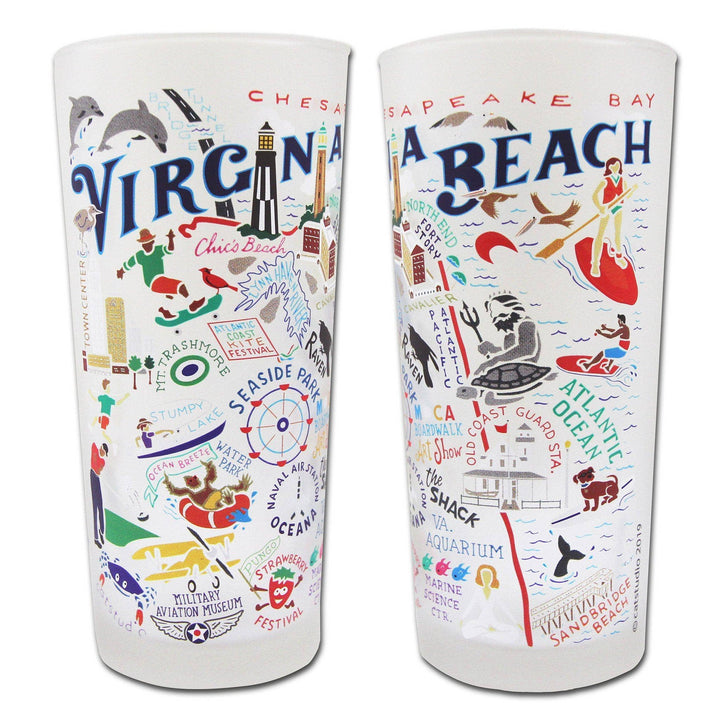 Virginia Beach glass souvenir by Catstudio, featuring colorful coastal scenery and vibrant design, on clear glass surface.