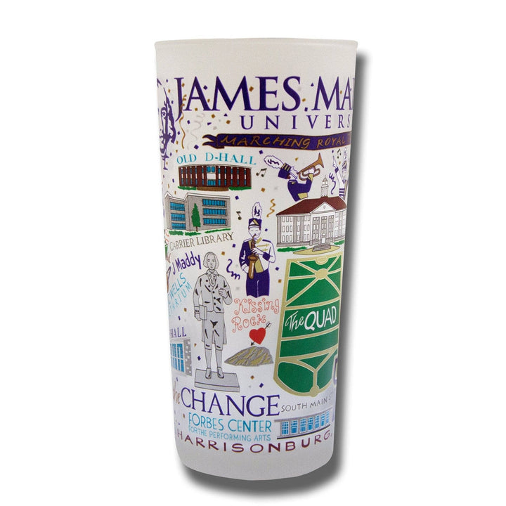 James Madison University glass featuring the university logo and design, ideal for home or display use.