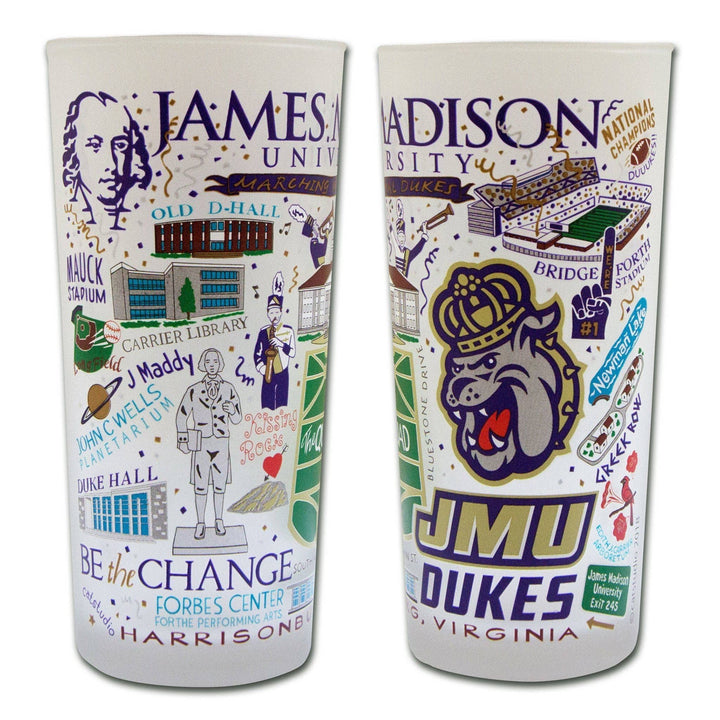 James Madison University glass featuring the home logo, with a clear view of the university name and branding on the glass.