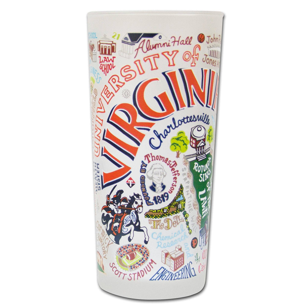 Catstudio University of Virginia glass featuring the university's name and emblem, ideal for home decor or collectible display.