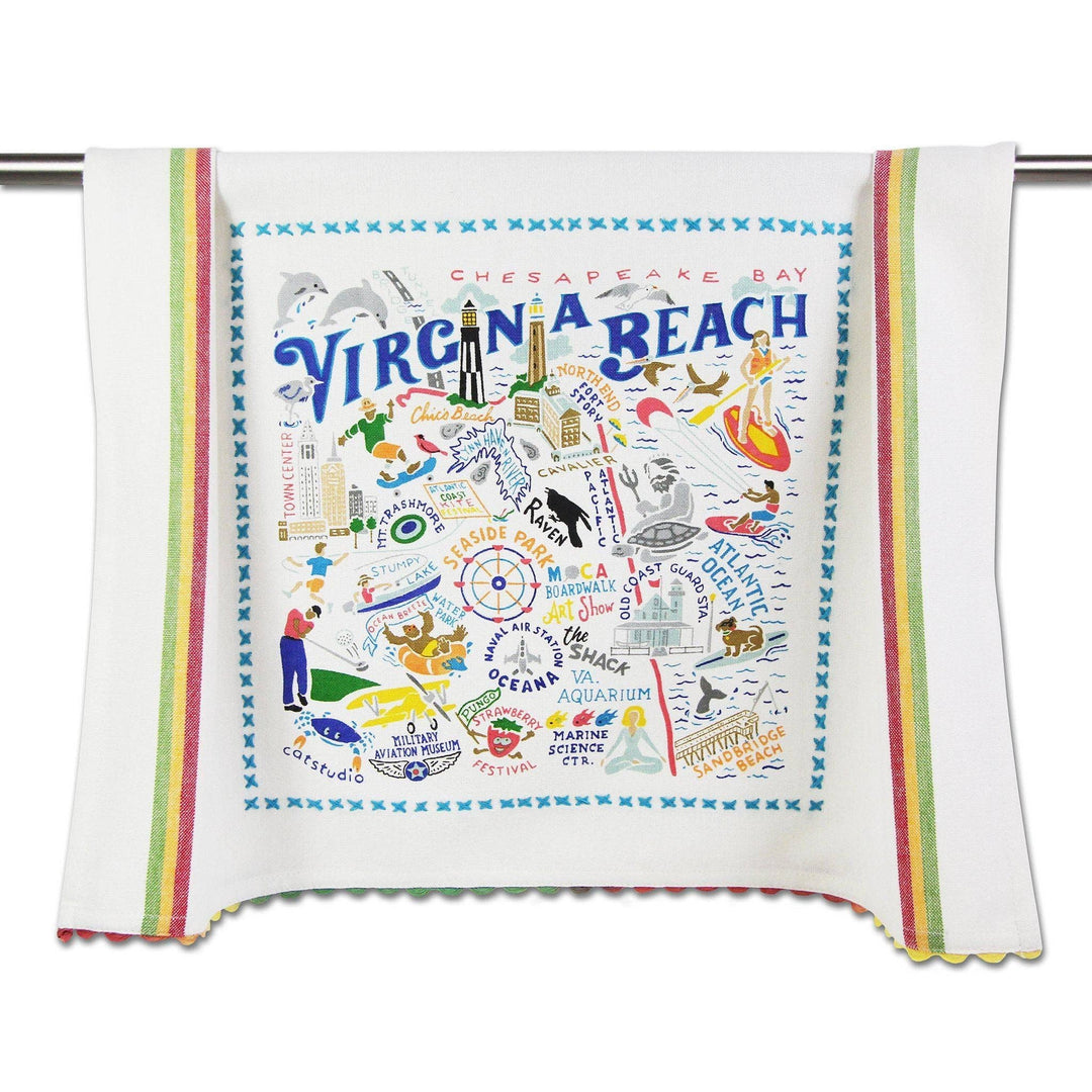 Catstudio Virginia Beach geography dish towel featuring colorful map design, ideal for kitchen or home decor.