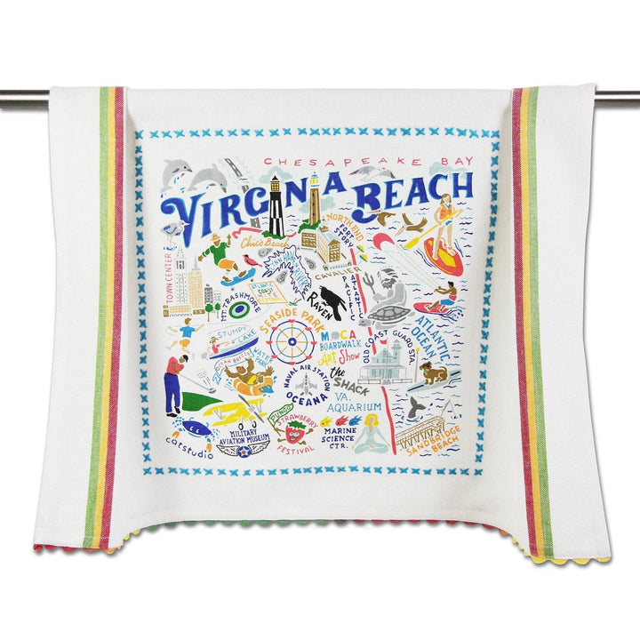 Catstudio Virginia Beach geography dish towel featuring colorful map design, ideal for kitchen or home decor.