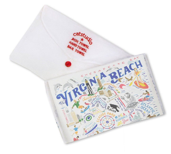 Catstudio Virginia Beach dish towel featuring a colorful, scenic design with coastal landmarks and vibrant seaside imagery.