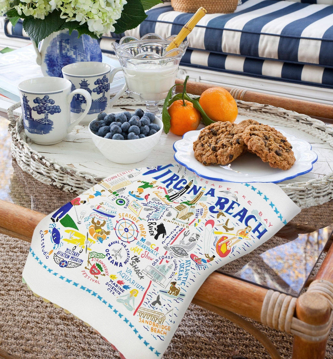 Catstudio Virginia Beach dish towel featuring coastal scenery with vibrant colors and detailed beach-themed design.