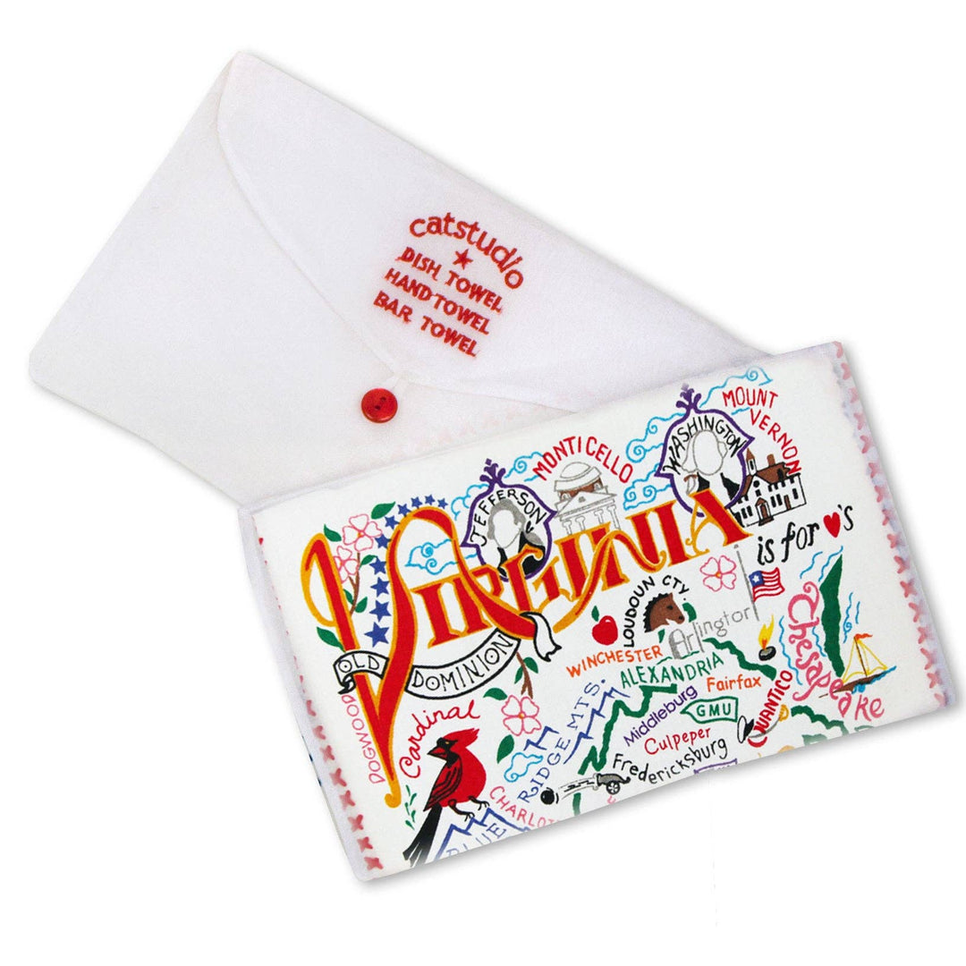 Virginia Dish Towel by Catstudio featuring a colorful, detailed map design for home kitchen decor.