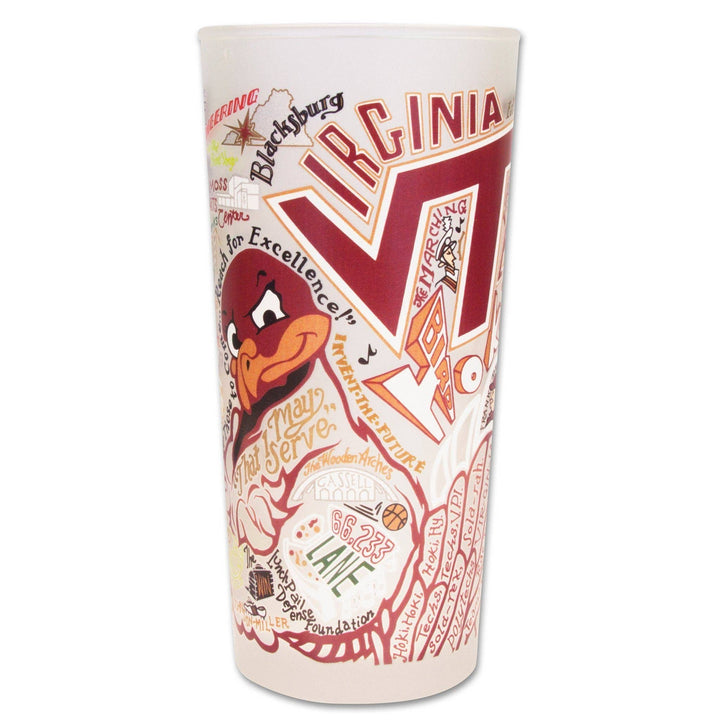 Virginia Tech glass featuring the university logo, perfect for home décor or collector’s display, by Catstudio.