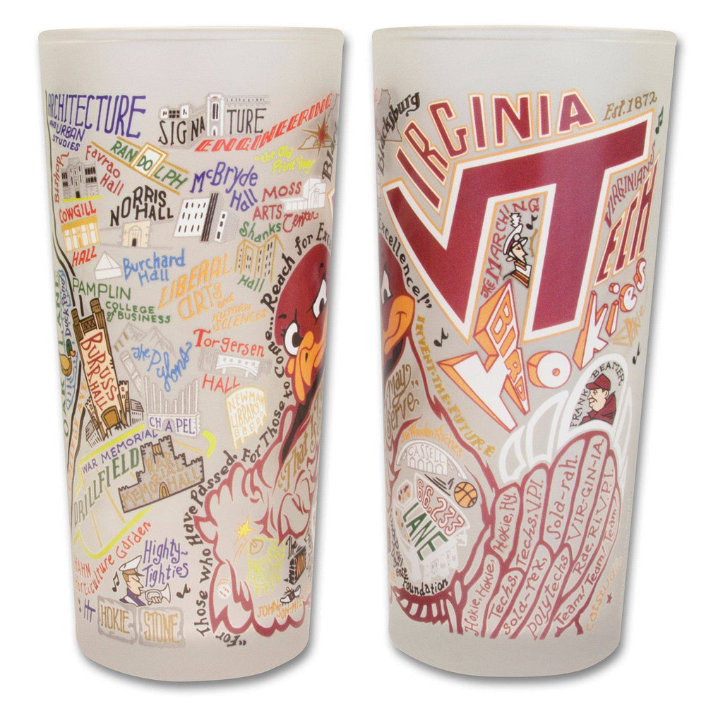 Virginia Tech glass featuring the Catstudio brand, showcasing vibrant team colors and logo on a clear glass home decor piece.