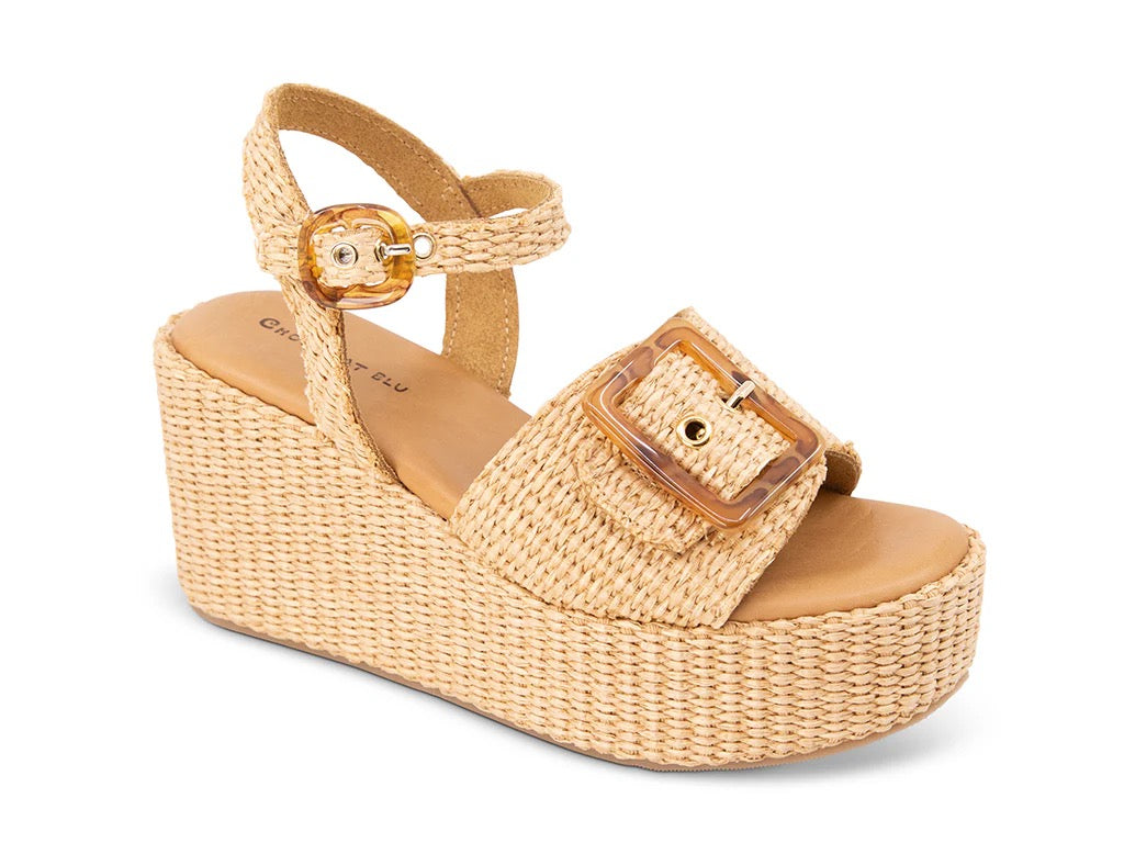 Chocolat Blu Jace Raffia Platform Sandal with woven raffia straps and chunky heel, stylish footwear for warm weather.