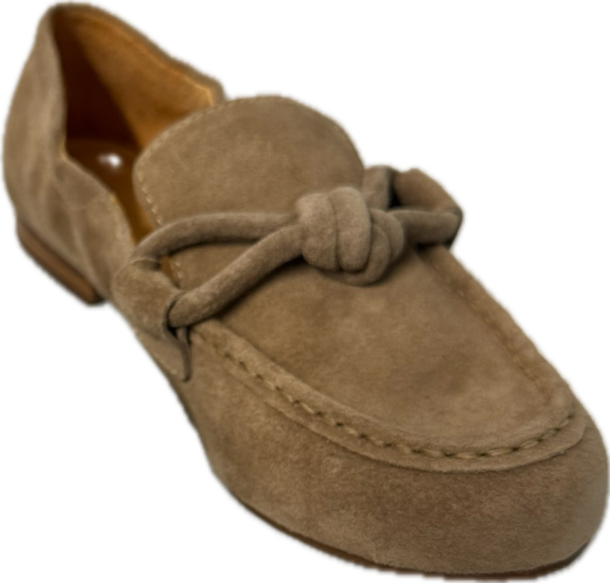 Chocolat Blu Anya Camel Suede Loafer, stylish women's accessories with soft suede material and classic loafer design.