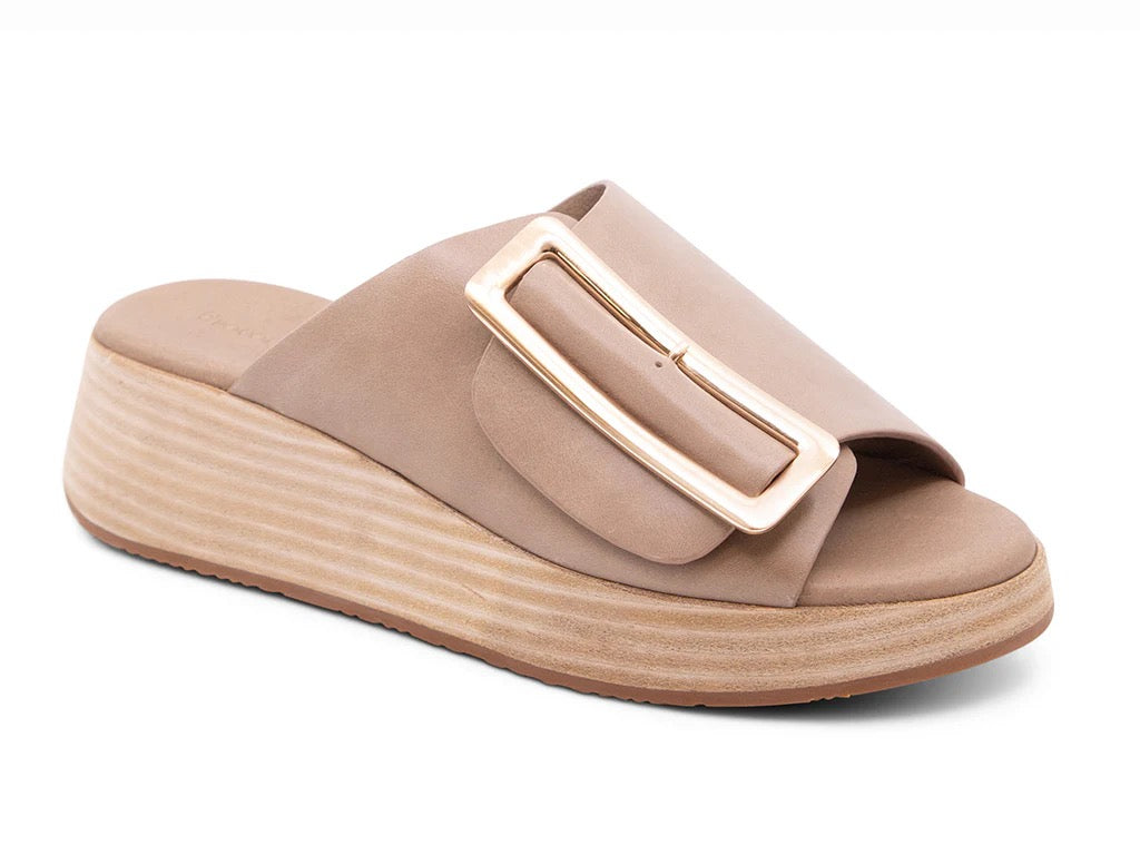 Chocolat Blu Ela Leather Sandal showcasing tan leather straps and flat sole, stylish accessories for casual summer wear.
