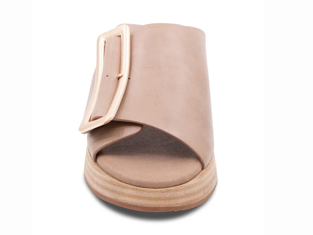 Chocolat Blu Ela Leather Sandal showing stylish brown leather straps and flat sole, perfect for casual summer wear.