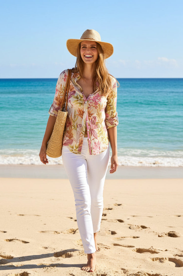Desert Fresco Button Shirt by ciNO, a stylish lightweight top featuring a desert-themed pattern and classic button details.
