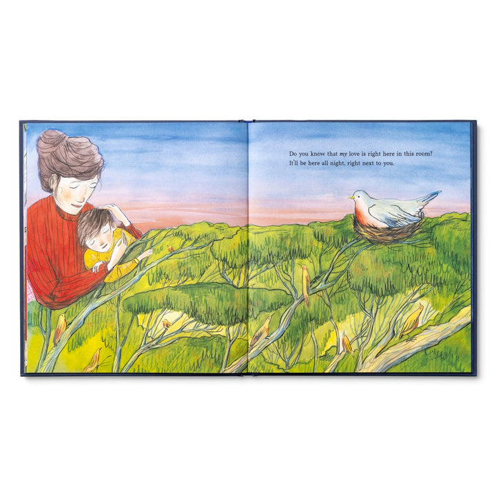 Baby reading "One More Book Before Bed" by Compendium, cozy scene with the children's book open in a nursery setting.