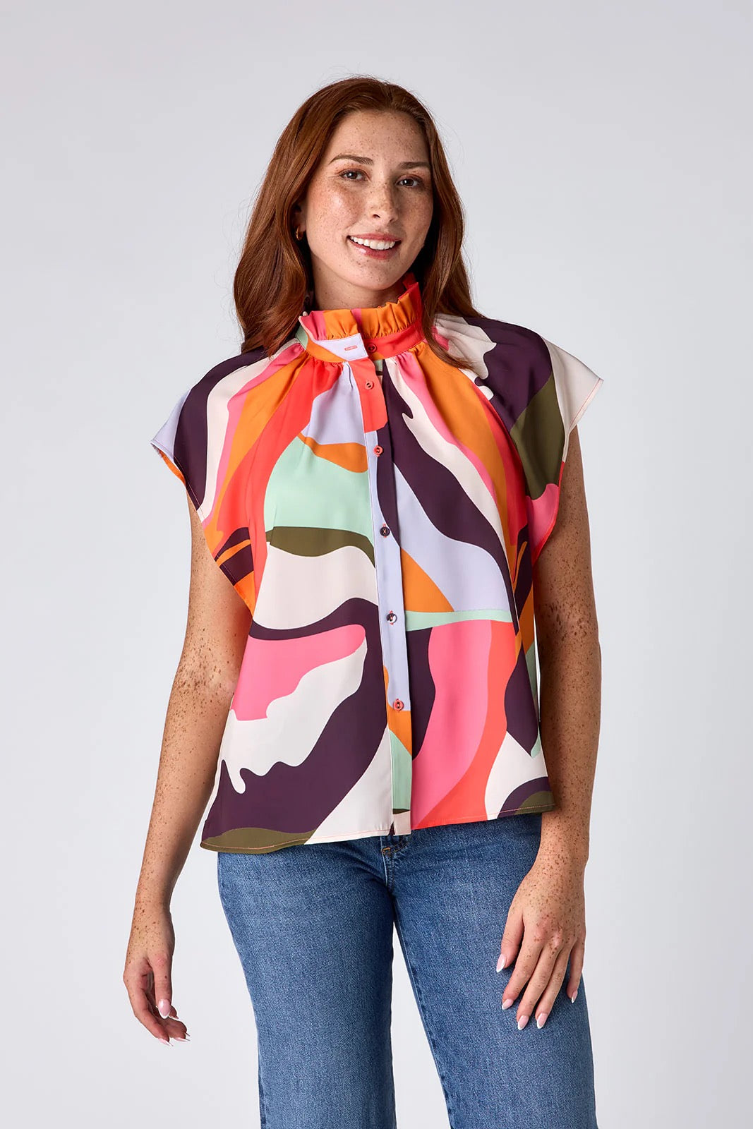 Crosby by Mollie Burch Billie Rocky Top, a stylish women's blouse with a vibrant print and relaxed fit, shown in the image.