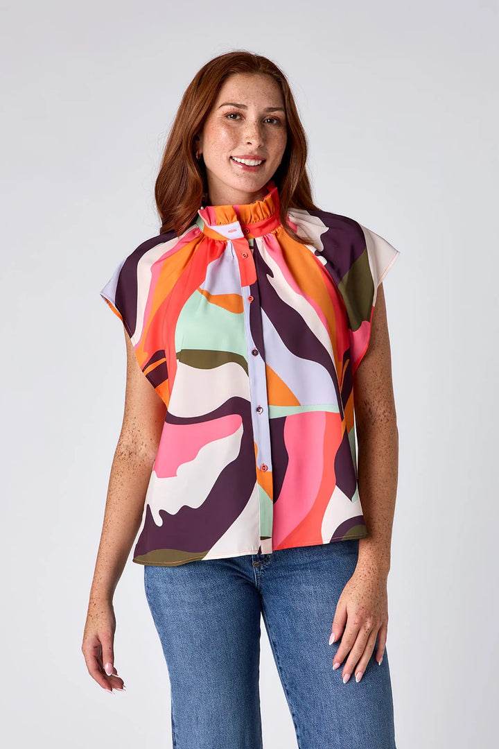 Crosby by Mollie Burch Billie Rocky Top, a stylish women's blouse with a vibrant print and relaxed fit, shown in the image.