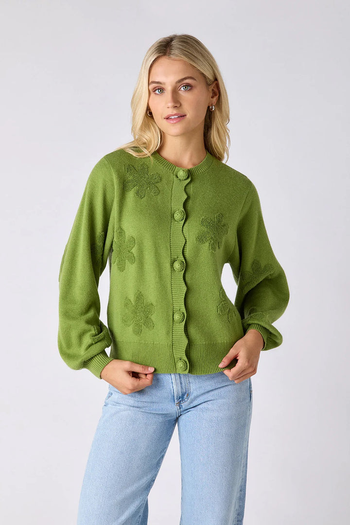 Crosby by Mollie Burch Colson Grass Cardigan, a stylish green knit top with a relaxed fit and button closure, displayed on a hanger.