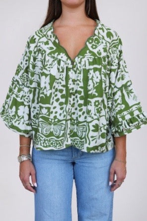 Crosby by Mollie Burch Gardener Ity Blouse, stylish tops with floral pattern and lightweight fabric, shown on a model.